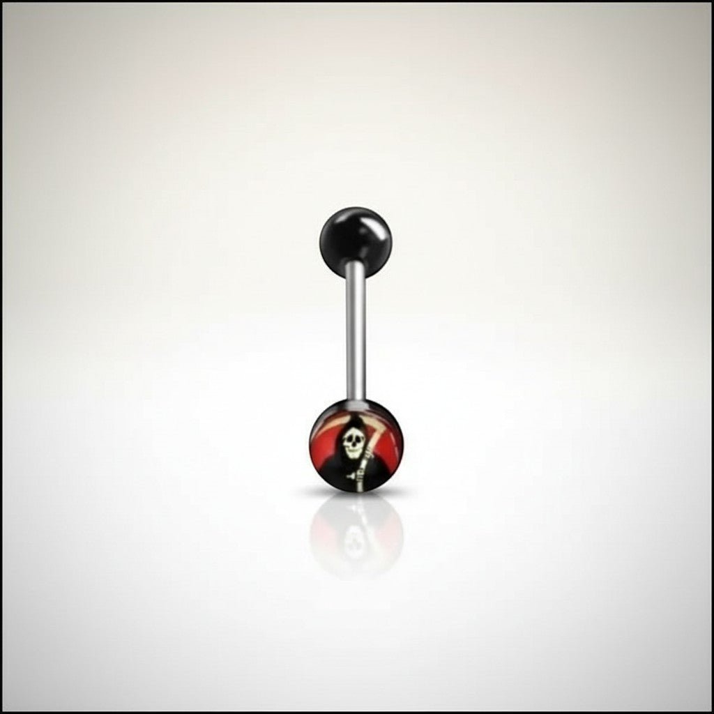 Aramat Jewels surgical steel tongue piercing with black acrylic balls and a grim reaper logo design.