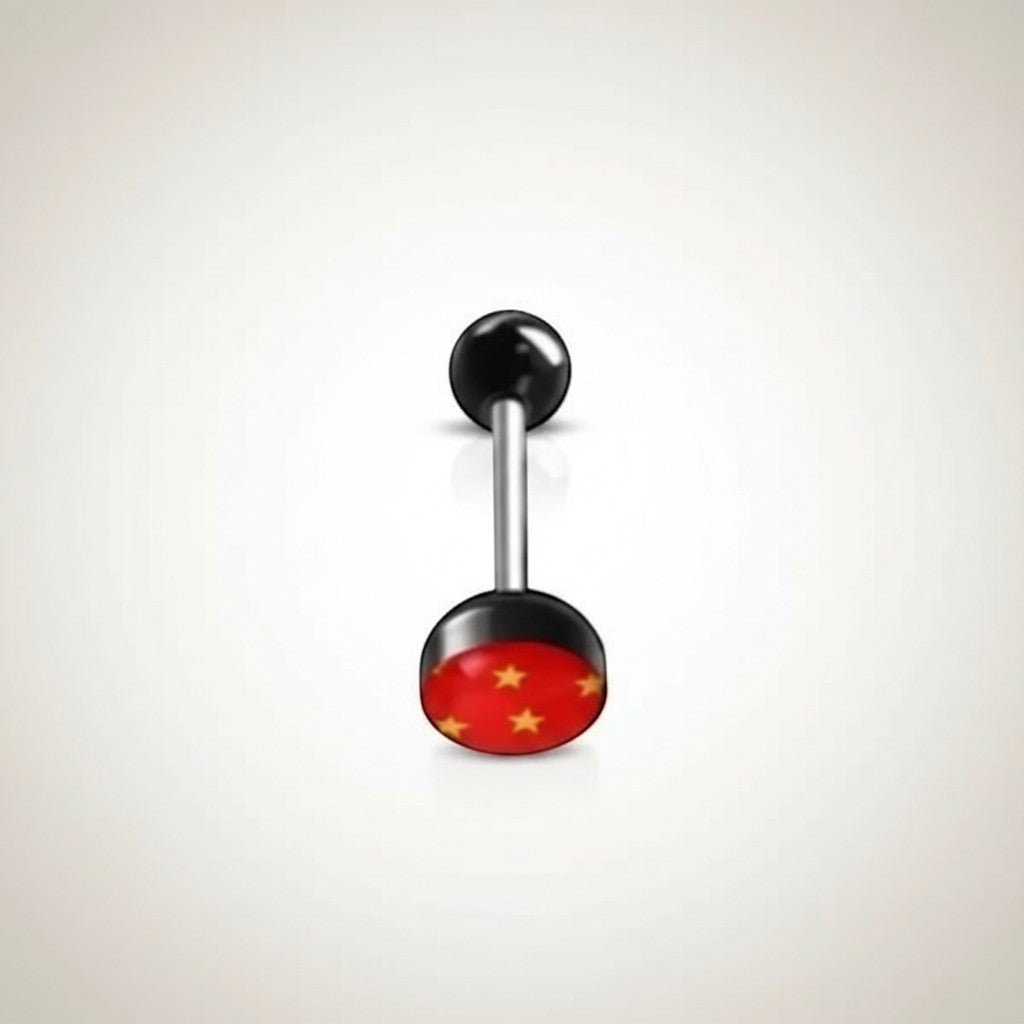 Aramat Jewels surgical steel tongue piercing with black acrylic balls and a red acrylic logo featuring yellow stars.