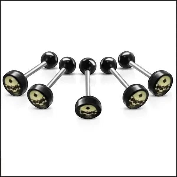 Aramat Jewels surgical steel tongue piercing with black acrylic skull logo, 16mm length.