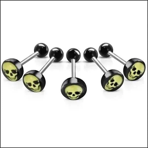 Aramat Jewels surgical steel tongue piercing with black acrylic skull logo and black balls.