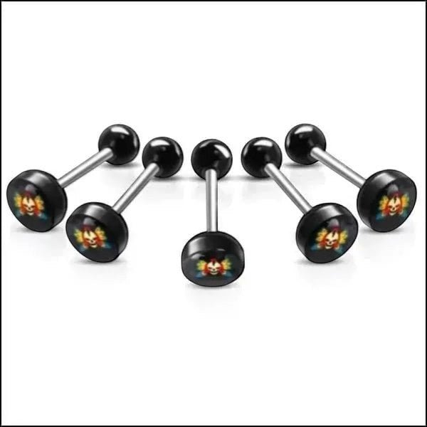 Aramat Jewels black surgical steel tongue piercing with a colorful clown skull acrylic logo.