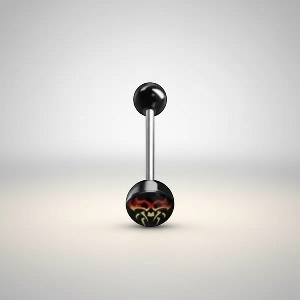 Aramat Jewels surgical steel tongue piercing with black acrylic logo featuring a red and yellow flame design. 16mm length, 1.6mm gauge.