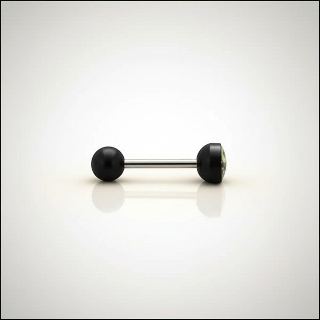 Aramat Jewels surgical steel tongue piercing with black acrylic skull logo, 16mm length.