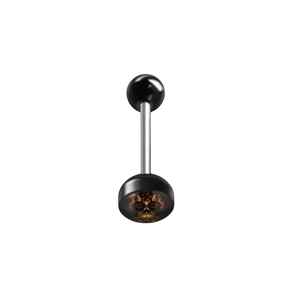 Aramat Jewels surgical steel tongue piercing with black acrylic logo featuring a skull design. 16mm length, 1.6mm gauge.