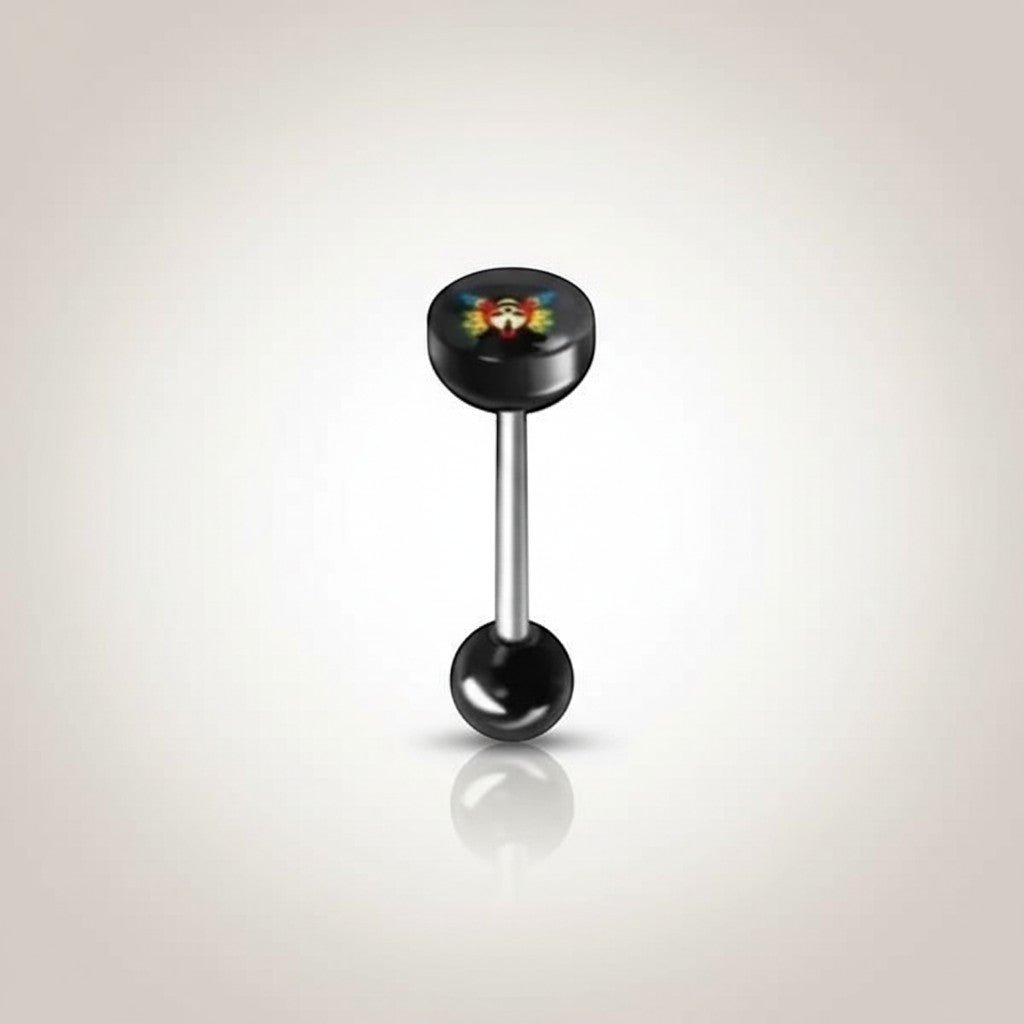 Aramat Jewels black surgical steel tongue piercing with colorful clown logo, 16mm length.
