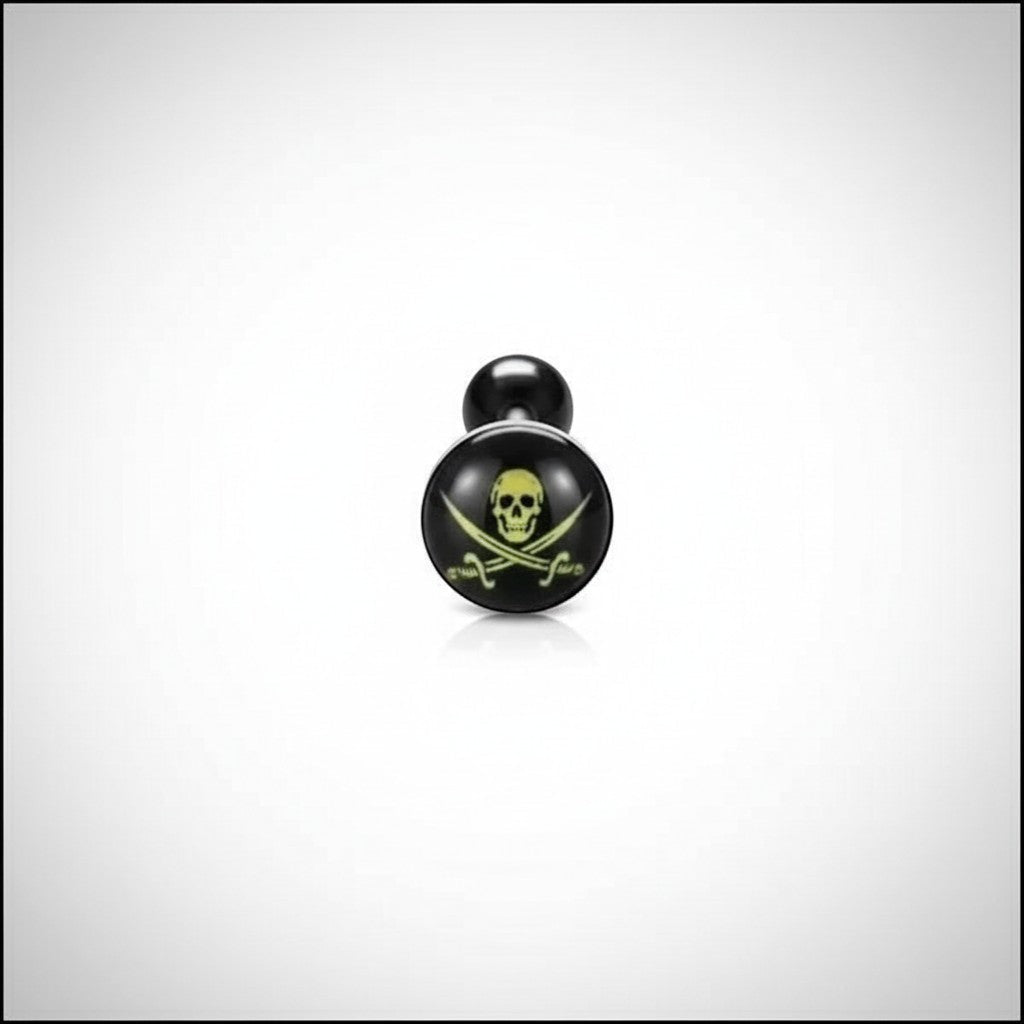 Aramat Jewels surgical steel tongue piercing with black acrylic logo featuring a pirate skull and crossbones design.