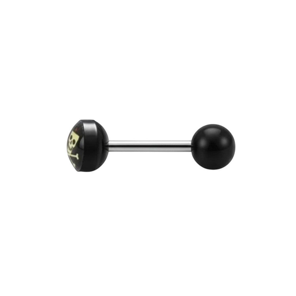 Aramat Jewels surgical steel tongue piercing with black acrylic logo featuring a skull and crossbones design.
