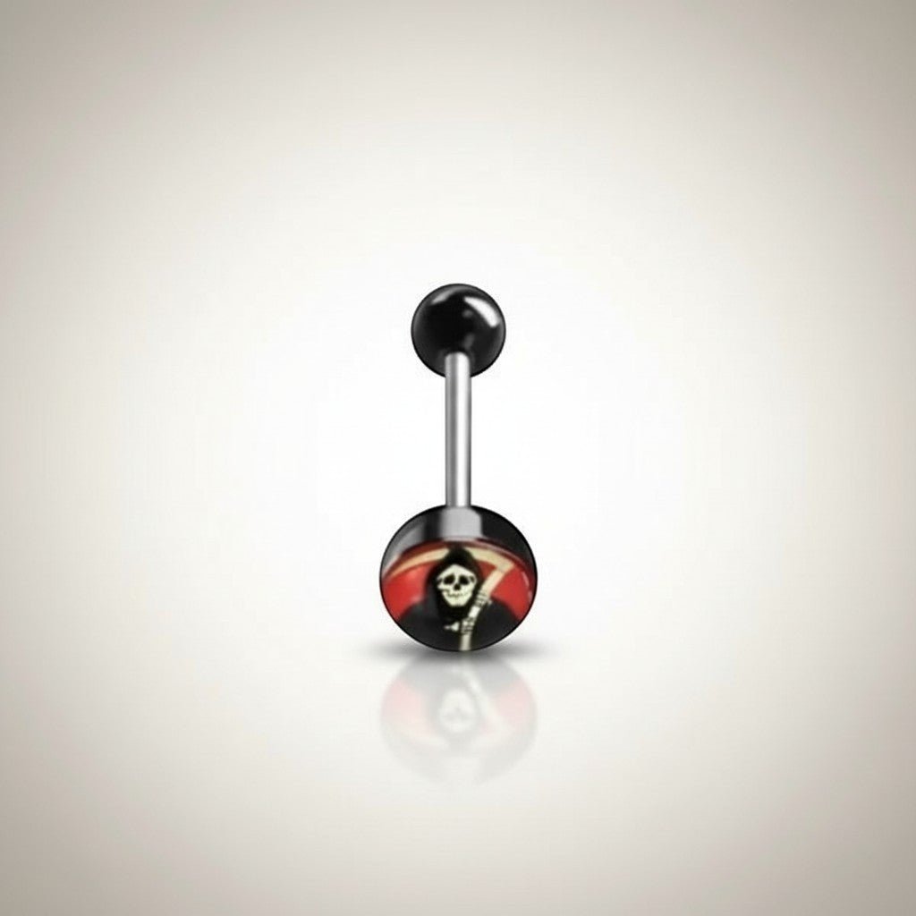 Aramat Jewels surgical steel tongue piercing with black acrylic balls and a grim reaper logo design.