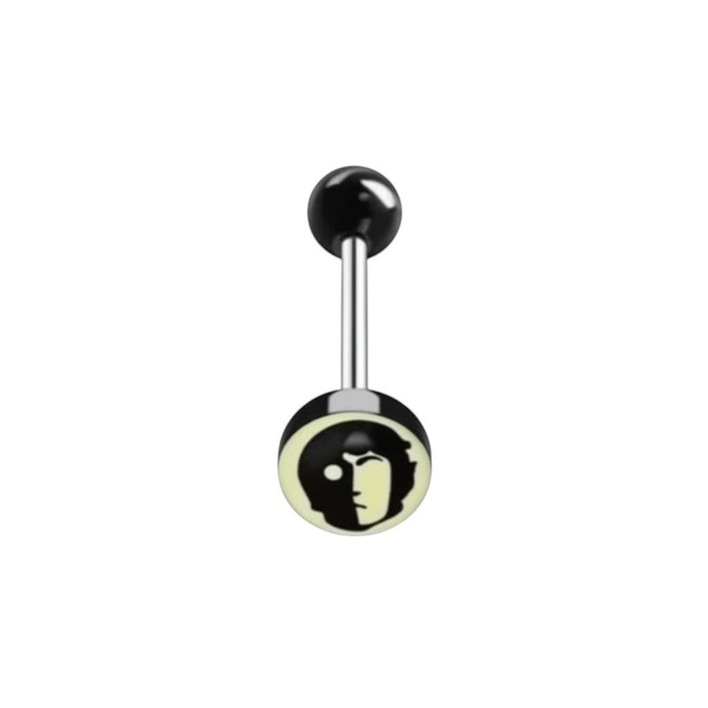 Aramat Jewels surgical steel tongue piercing with black acrylic logo and black ball ends. 16mm length, 1.6mm gauge.