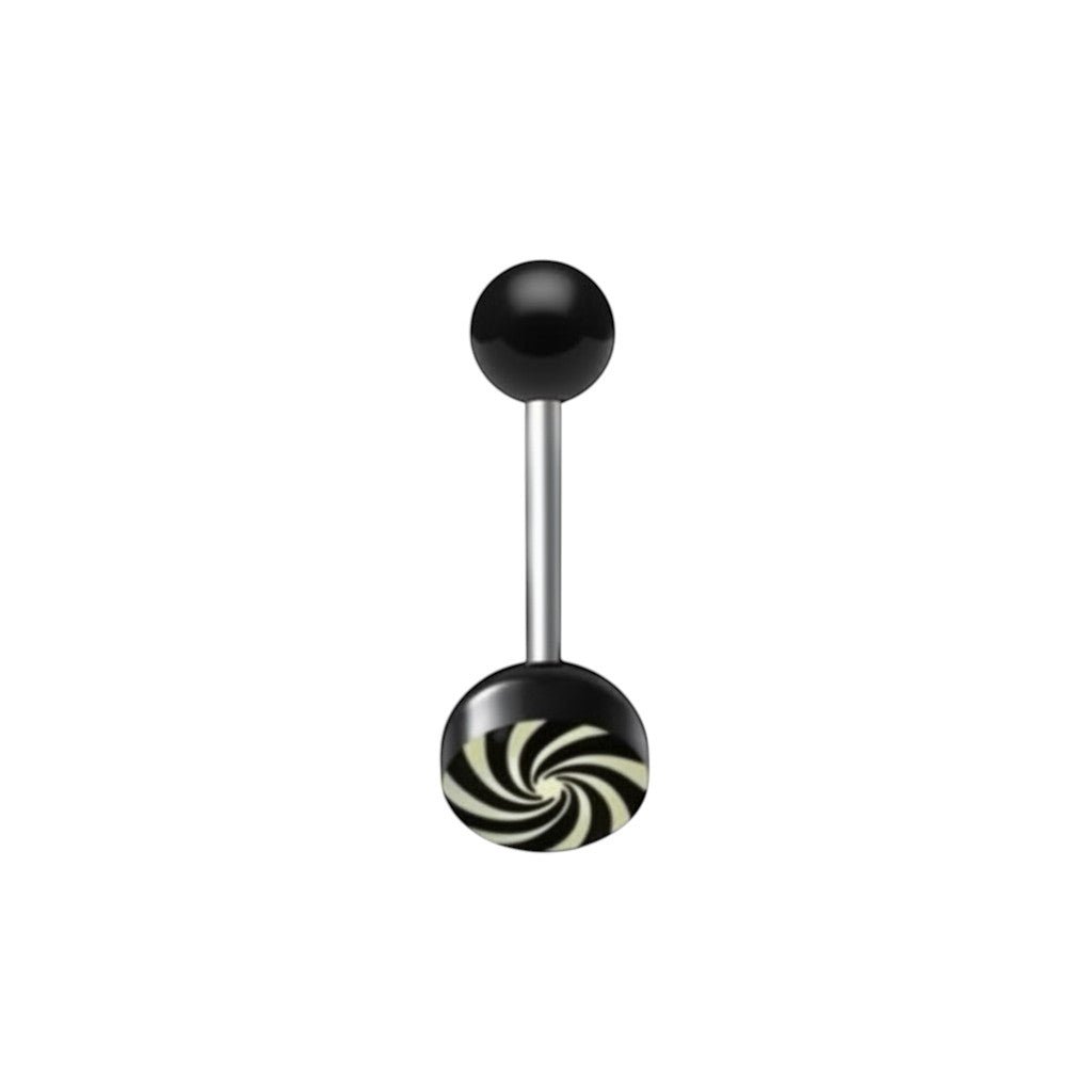 Aramat Jewels surgical steel tongue piercing with black and white swirl acrylic logo. 16mm length, 1.6mm gauge.