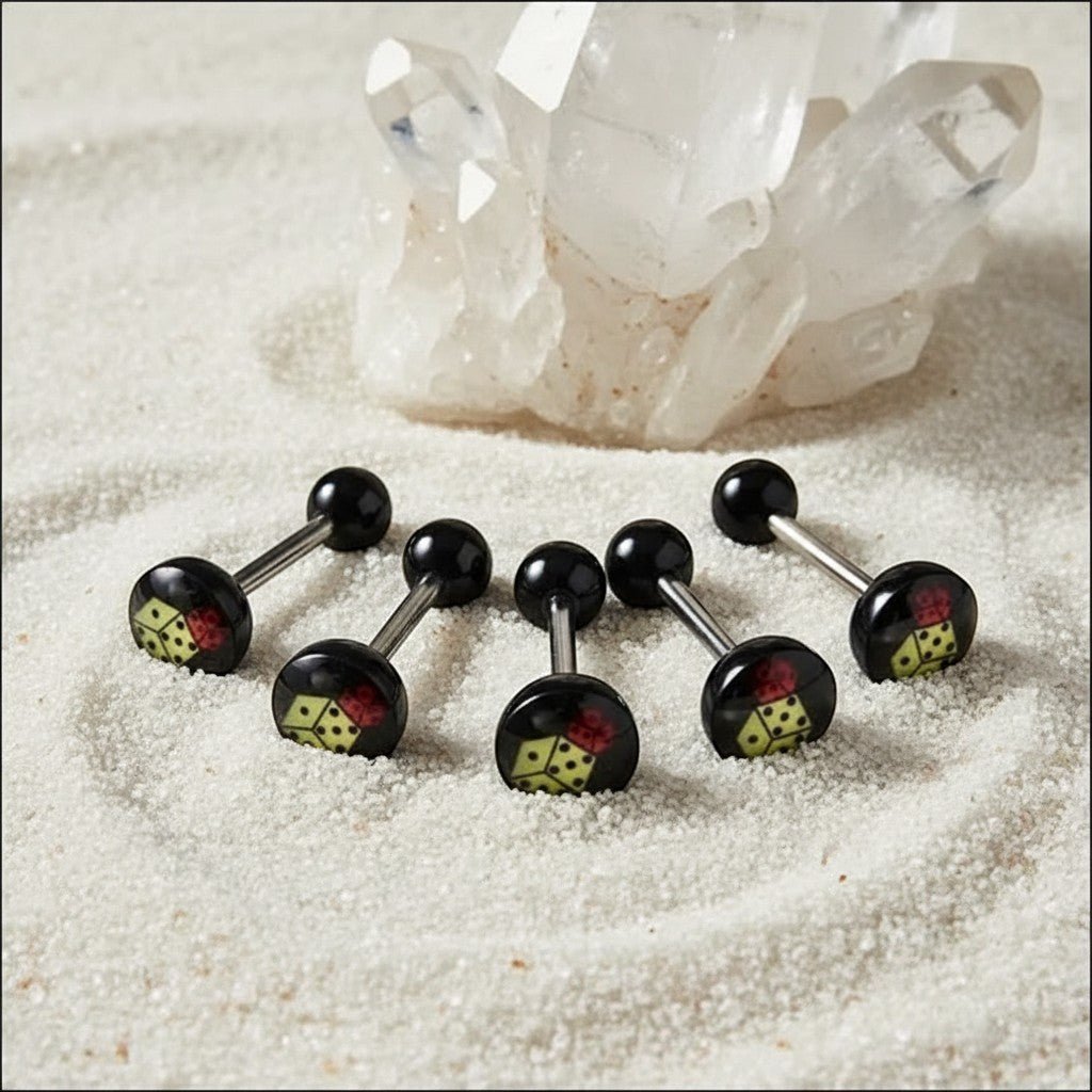 Aramat Jewels surgical steel tongue piercing with black acrylic balls and dice logo design.
