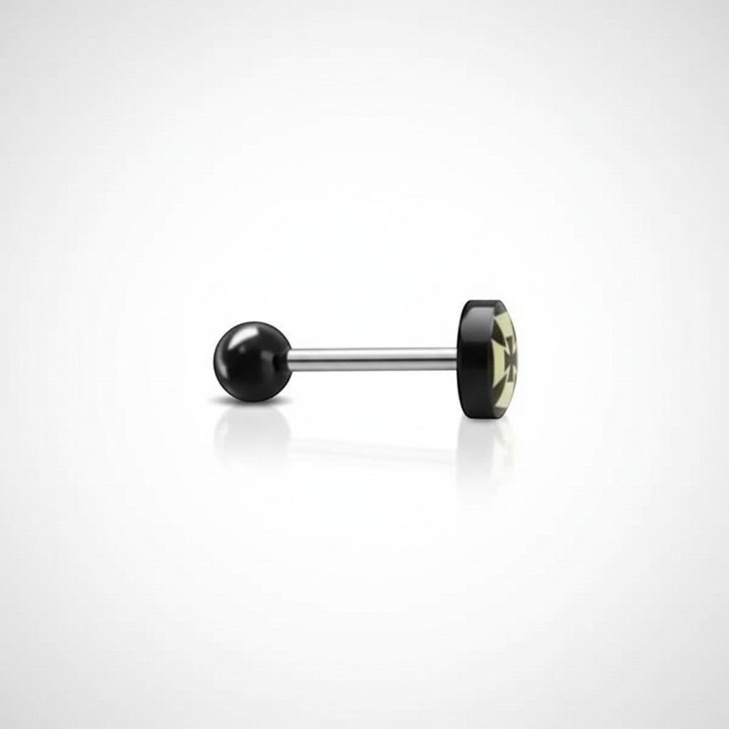 Aramat Jewels surgical steel tongue piercing with black acrylic balls and a black and yellow cross logo.