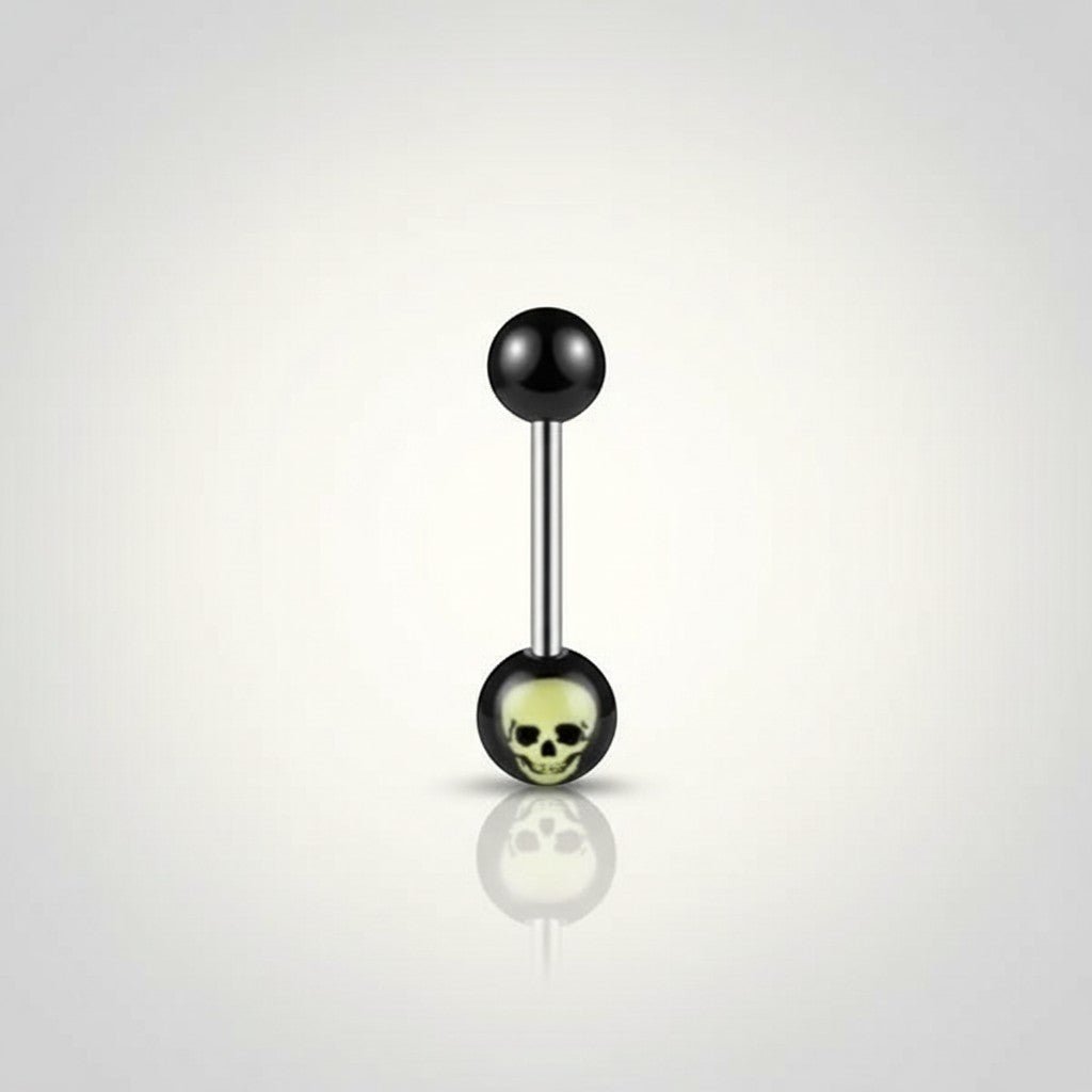 Aramat Jewels surgical steel tongue piercing with black acrylic skull logo and black balls.
