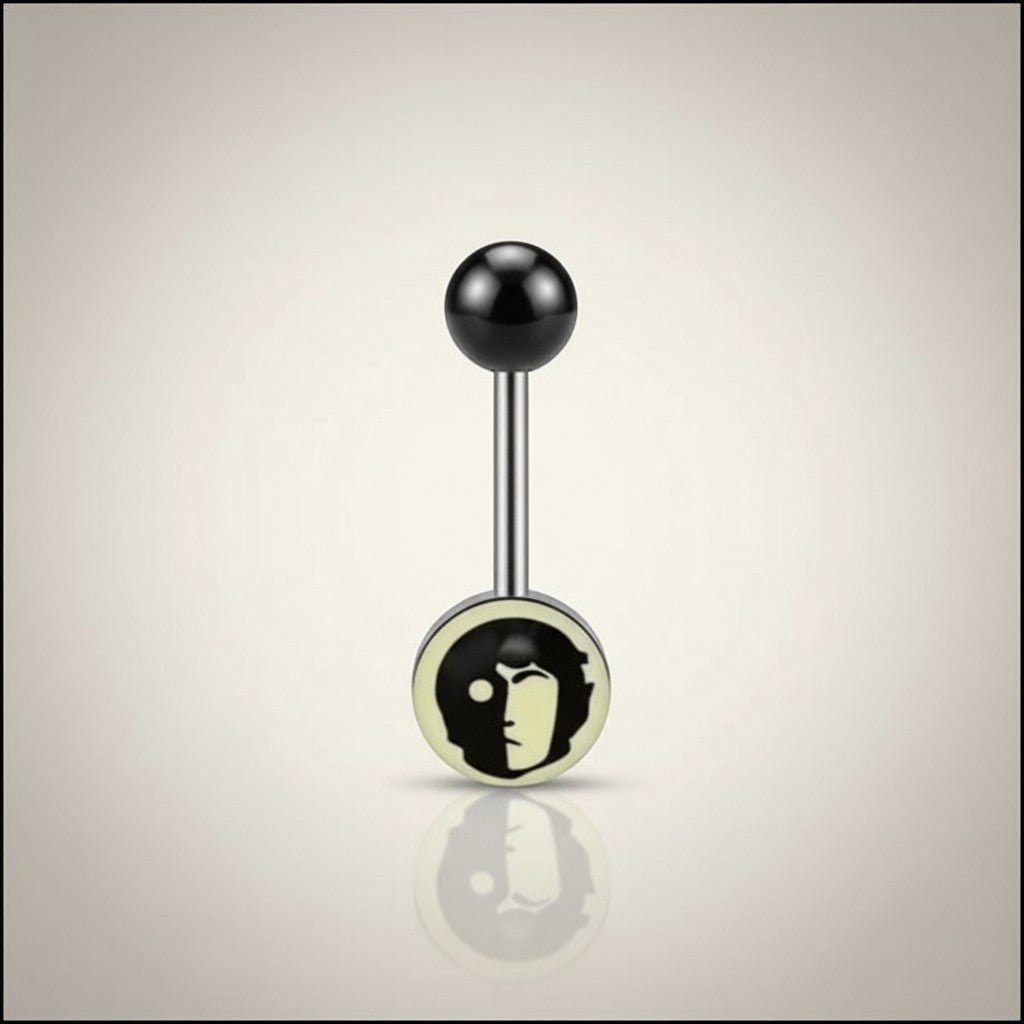 Aramat Jewels surgical steel tongue piercing with black acrylic logo and black ball ends. 16mm length, 1.6mm gauge.