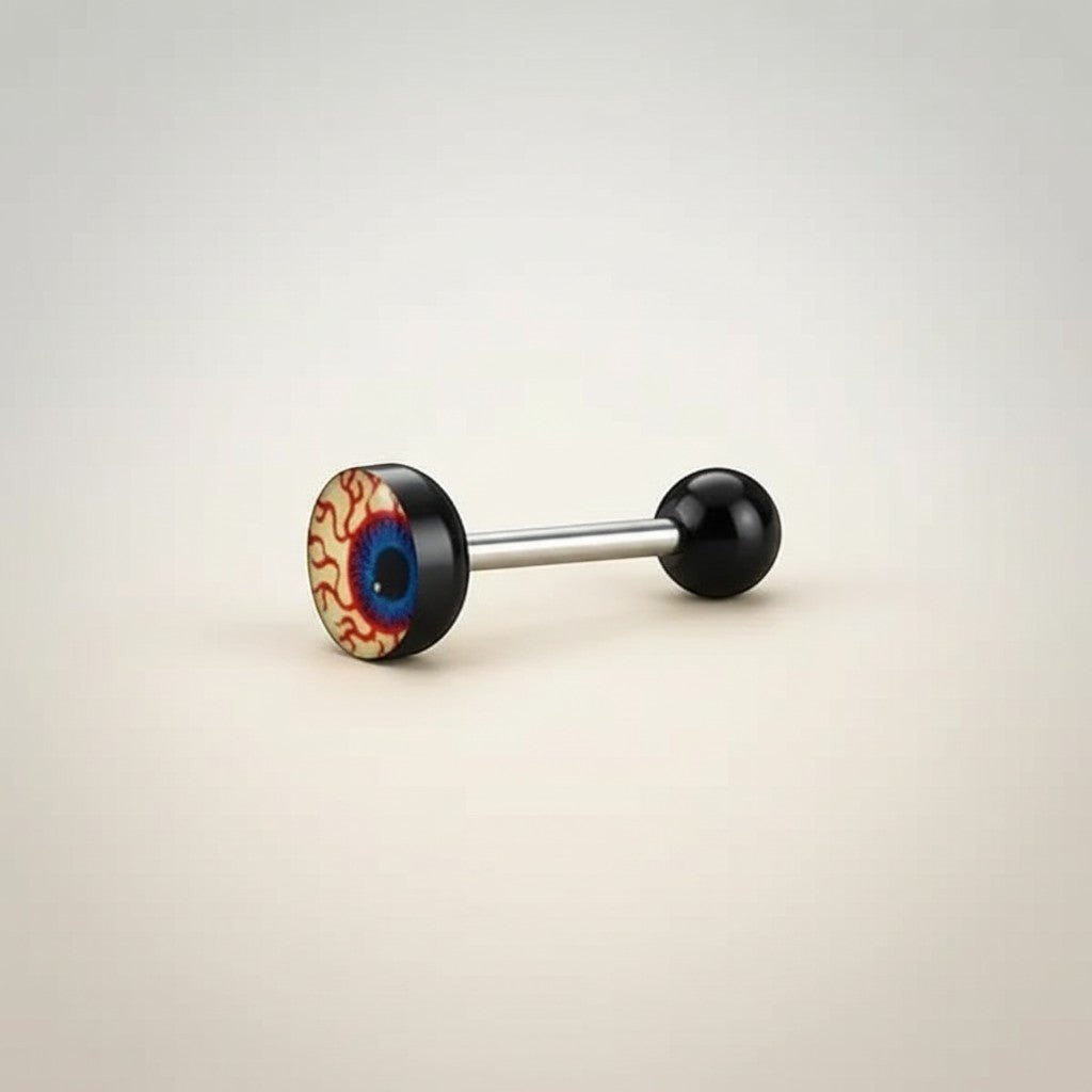 Aramat Jewels surgical steel tongue piercing with a realistic eyeball acrylic logo. Features black balls and a 16mm bar.