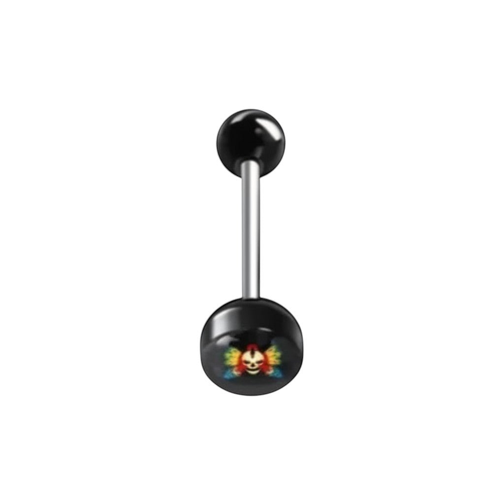 Aramat Jewels surgical steel tongue piercing with black acrylic logo featuring a colorful clown face design.