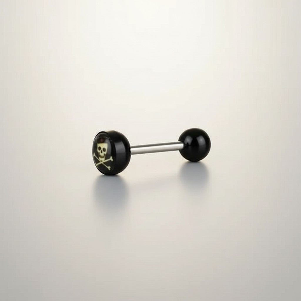 Aramat Jewels surgical steel tongue piercing with black acrylic skull and crossbones logo. 16mm length, 1.6mm gauge.