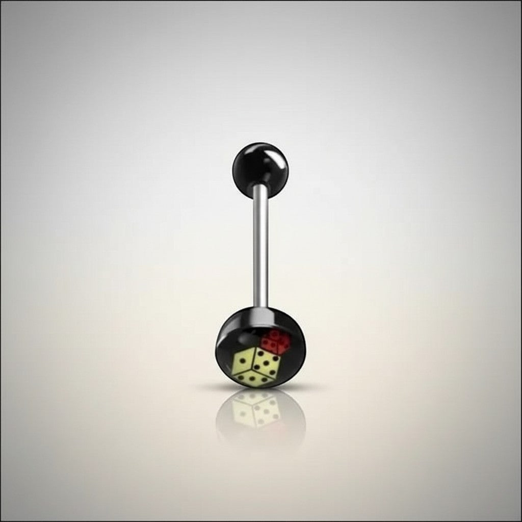 Aramat Jewels surgical steel tongue piercing with black acrylic balls and dice logo design.