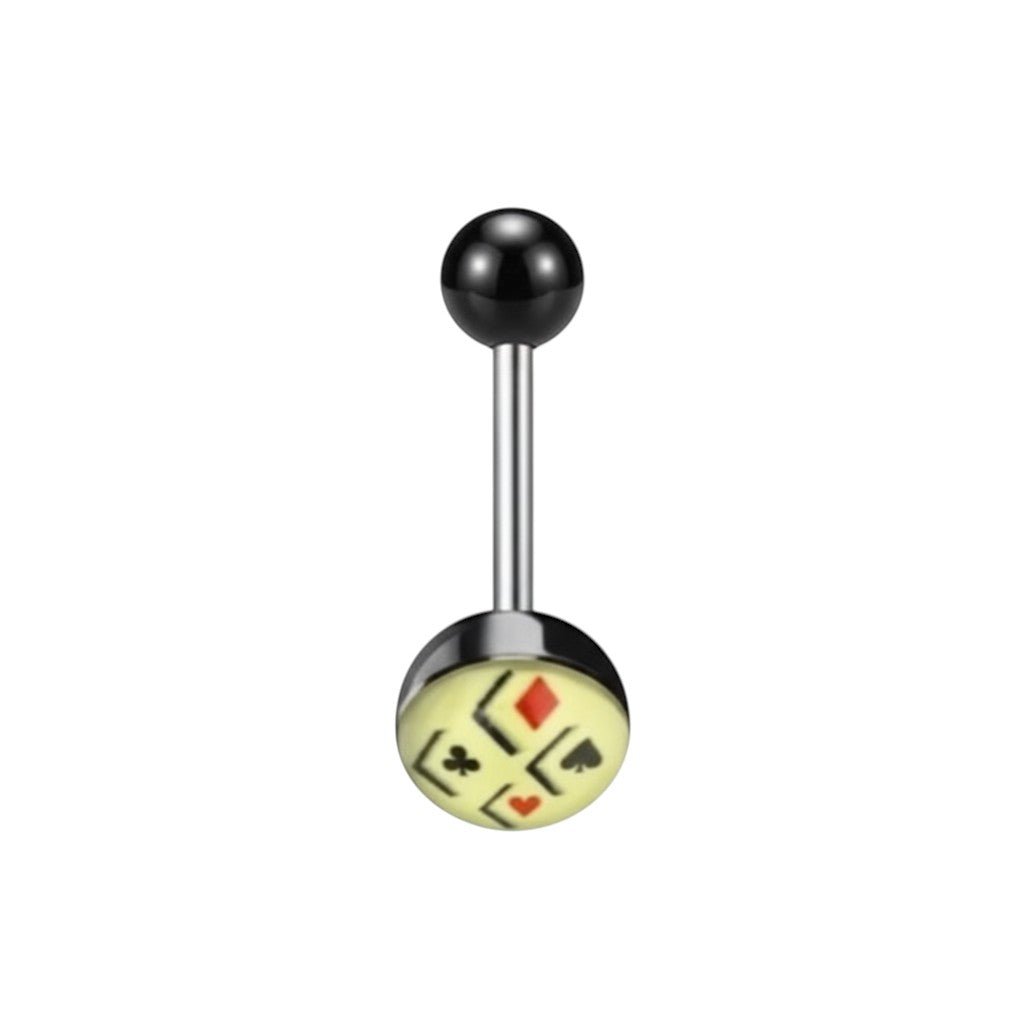 Aramat Jewels surgical steel tongue piercing with black balls and a cream-colored acrylic logo featuring playing card symbols.