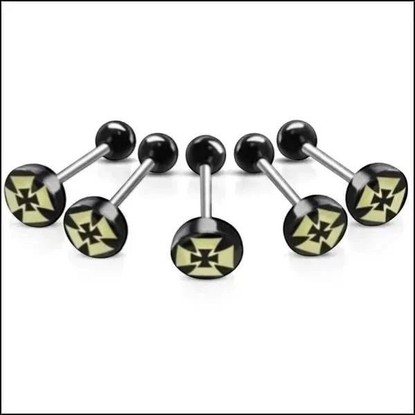Aramat Jewels surgical steel tongue piercing with black acrylic balls and a black and yellow cross logo design.