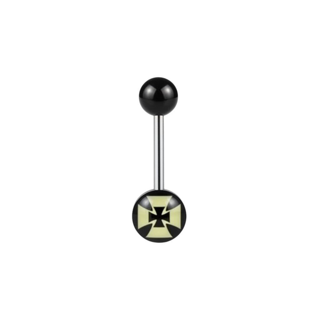 Aramat Jewels surgical steel tongue piercing with black acrylic balls and a black and yellow cross logo.