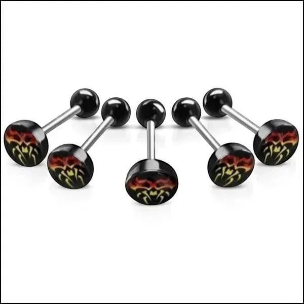Aramat Jewels surgical steel tongue piercing with black acrylic logo featuring a red and yellow flame design. 16mm length, 1.6mm gauge.