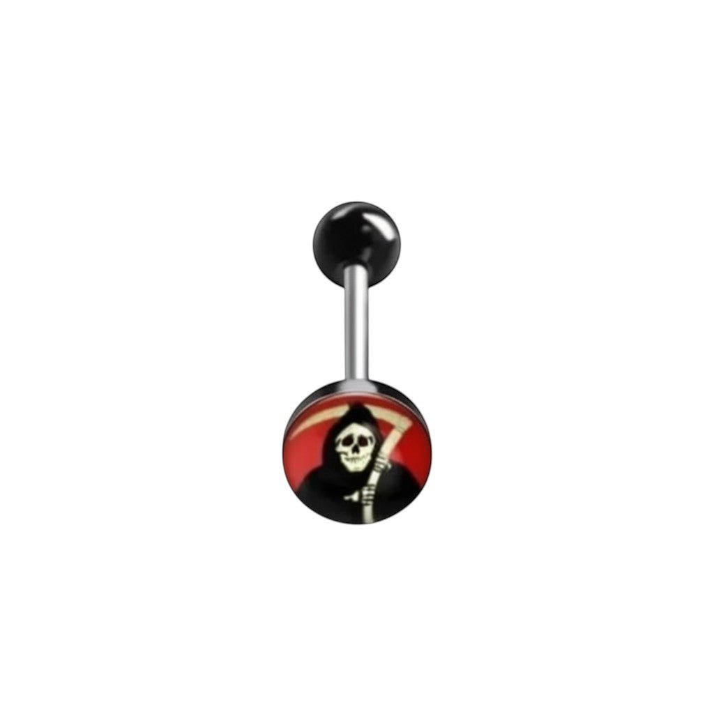 Aramat Jewels surgical steel tongue piercing with a black acrylic logo featuring a grim reaper design with a red background.