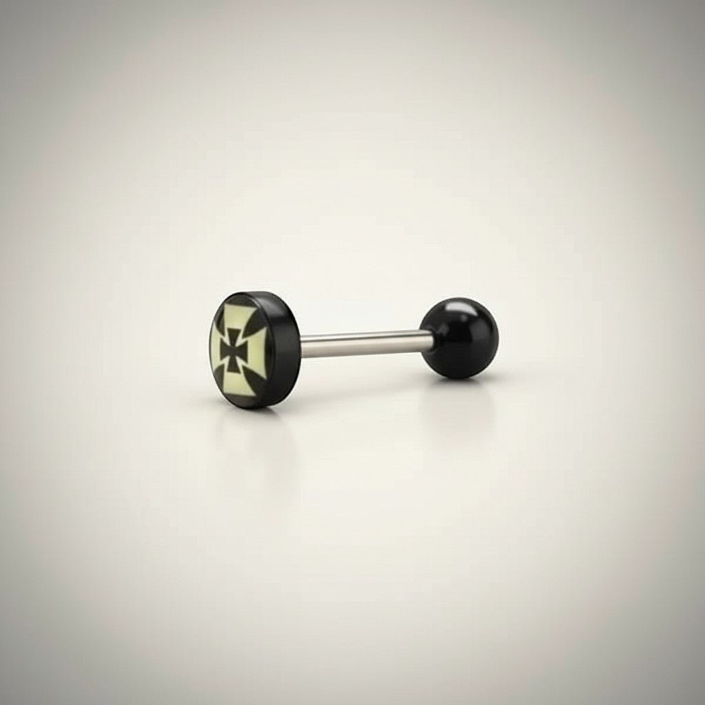 Aramat Jewels surgical steel tongue piercing with black acrylic balls and a black and yellow cross logo.