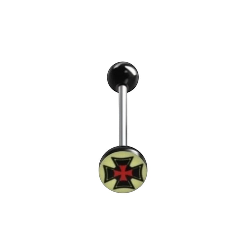 Aramat Jewels surgical steel tongue piercing with black acrylic balls and a black logo featuring a red cross on a yellow background.