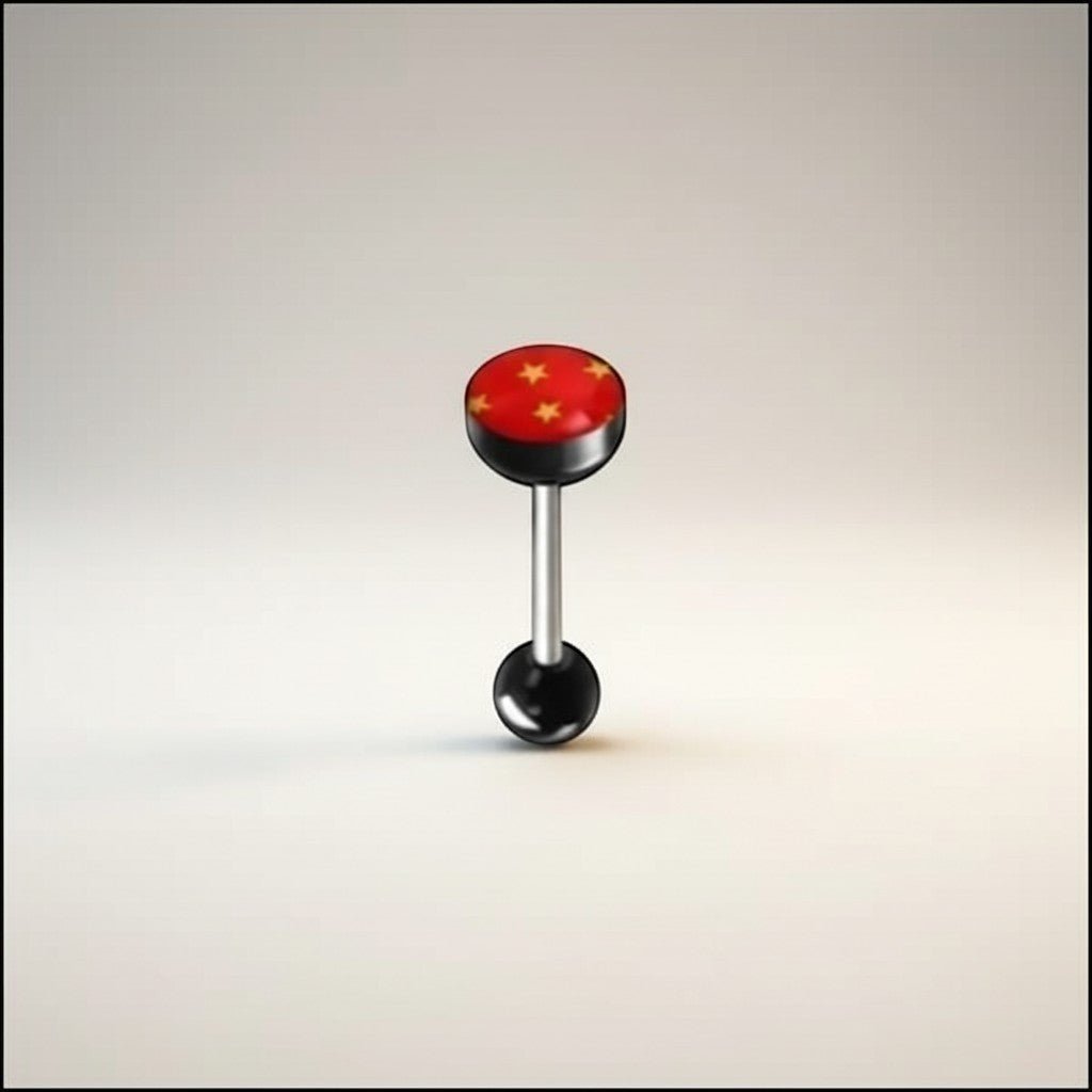 Aramat Jewels surgical steel tongue piercing with black acrylic balls and red acrylic logo with yellow stars.