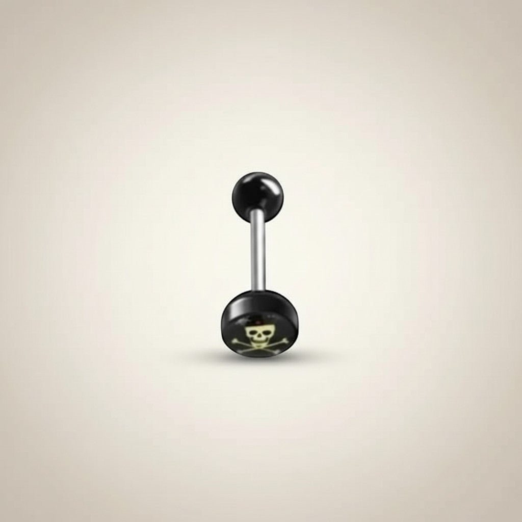 Aramat Jewels surgical steel tongue piercing with black acrylic skull and crossbones logo. 16mm length, 1.6mm gauge.