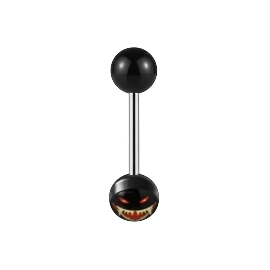 Aramat Jewels surgical steel tongue piercing with black acrylic logo featuring a red-eyed, sharp-toothed monster face.