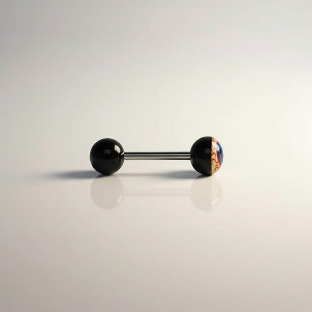 Aramat Jewels surgical steel tongue piercing with a realistic eyeball acrylic logo. Features black balls and a 16mm bar.
