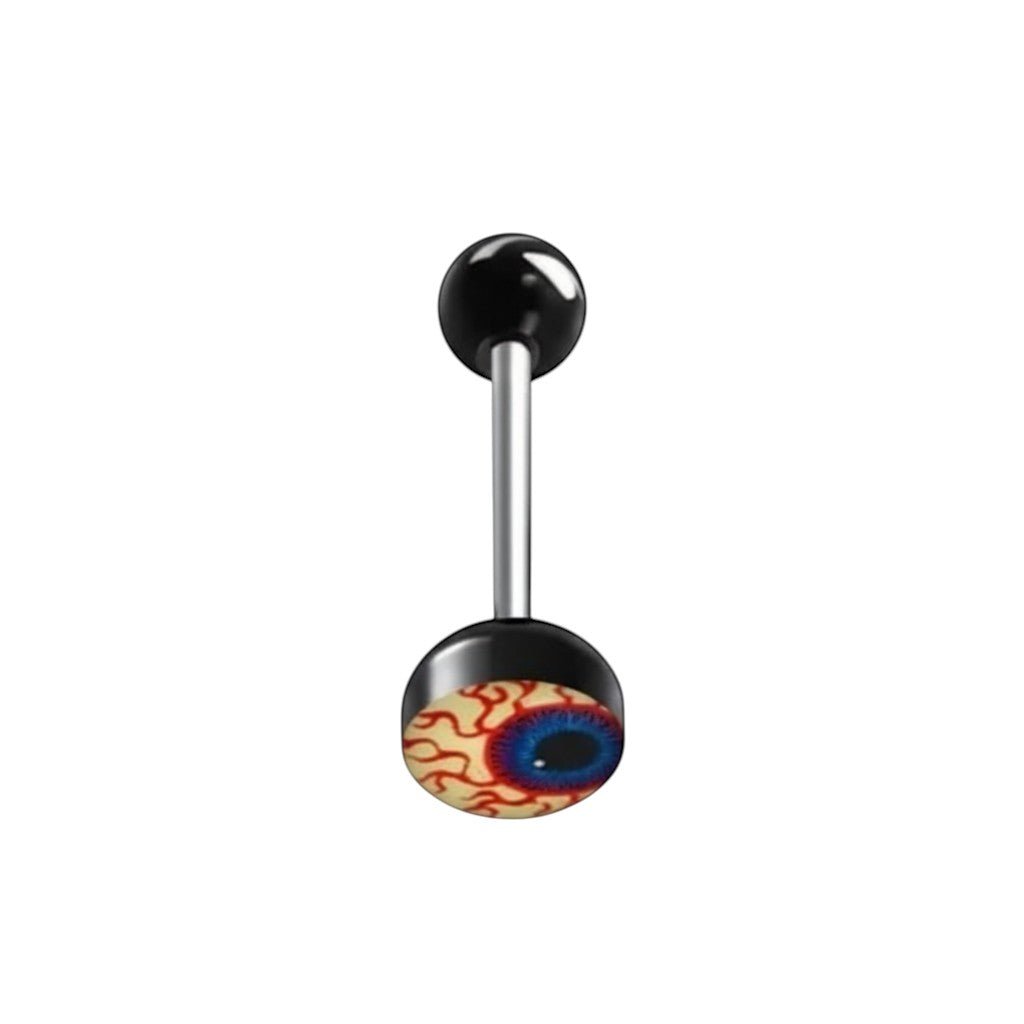 Aramat Jewels surgical steel tongue piercing with a black acrylic ball and a realistic eyeball design.