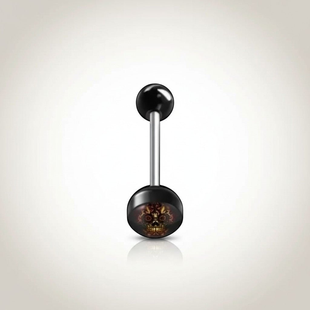 Aramat Jewels surgical steel tongue piercing with black acrylic logo featuring a skull design. 16mm length, 1.6mm gauge.