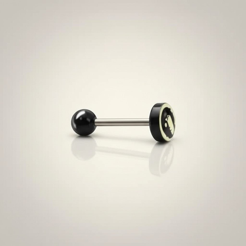 Aramat Jewels surgical steel tongue piercing with black acrylic logo and black ball ends. 16mm length, 1.6mm gauge.