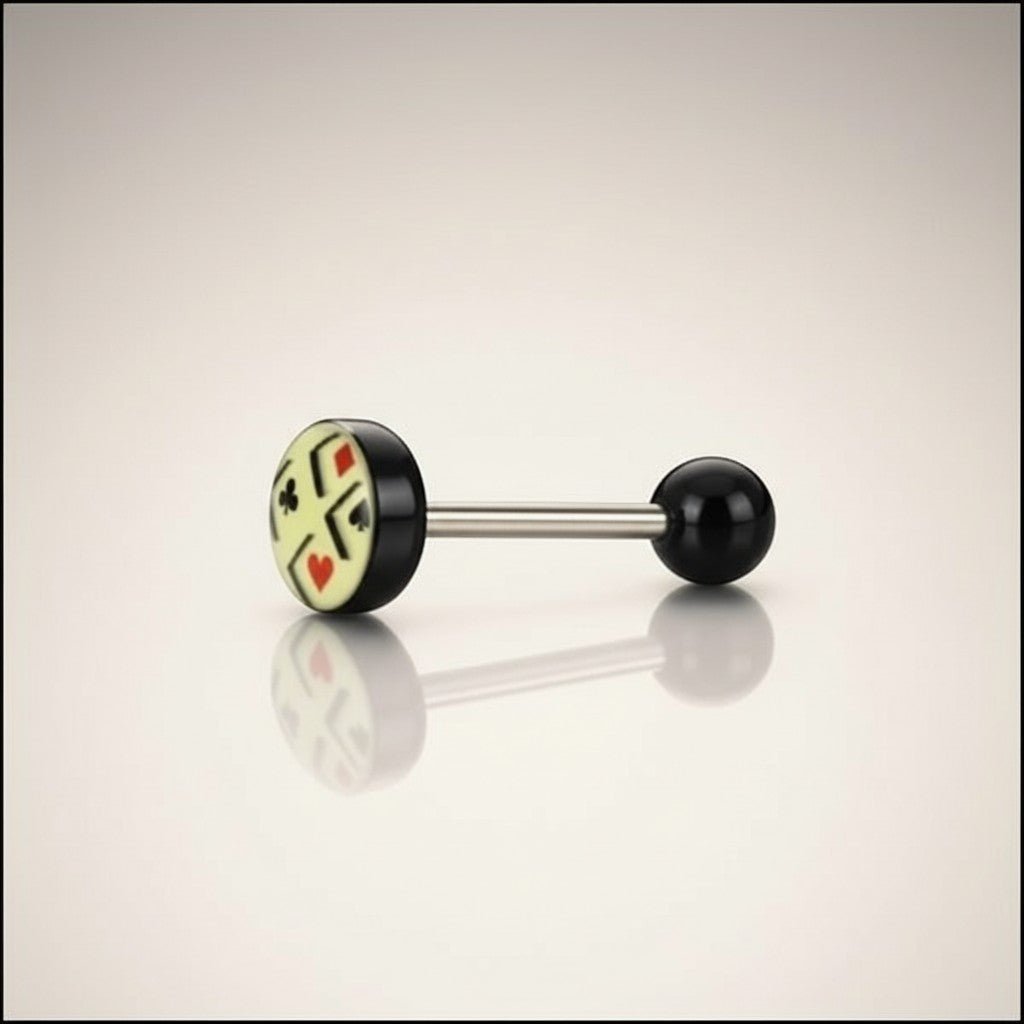 Aramat Jewels surgical steel tongue piercing with a black ball and a round acrylic logo featuring playing card suits.