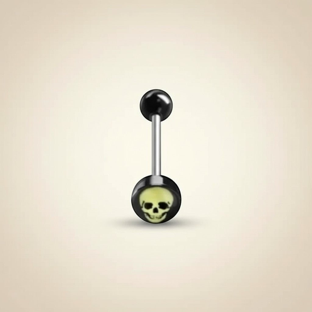 Aramat Jewels surgical steel tongue piercing with black acrylic skull logo and black balls.