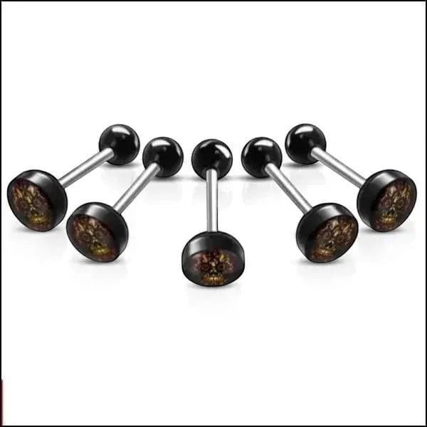 Aramat Jewels surgical steel tongue piercing with black acrylic logo featuring a skull design. 16mm length, 1.6mm gauge.