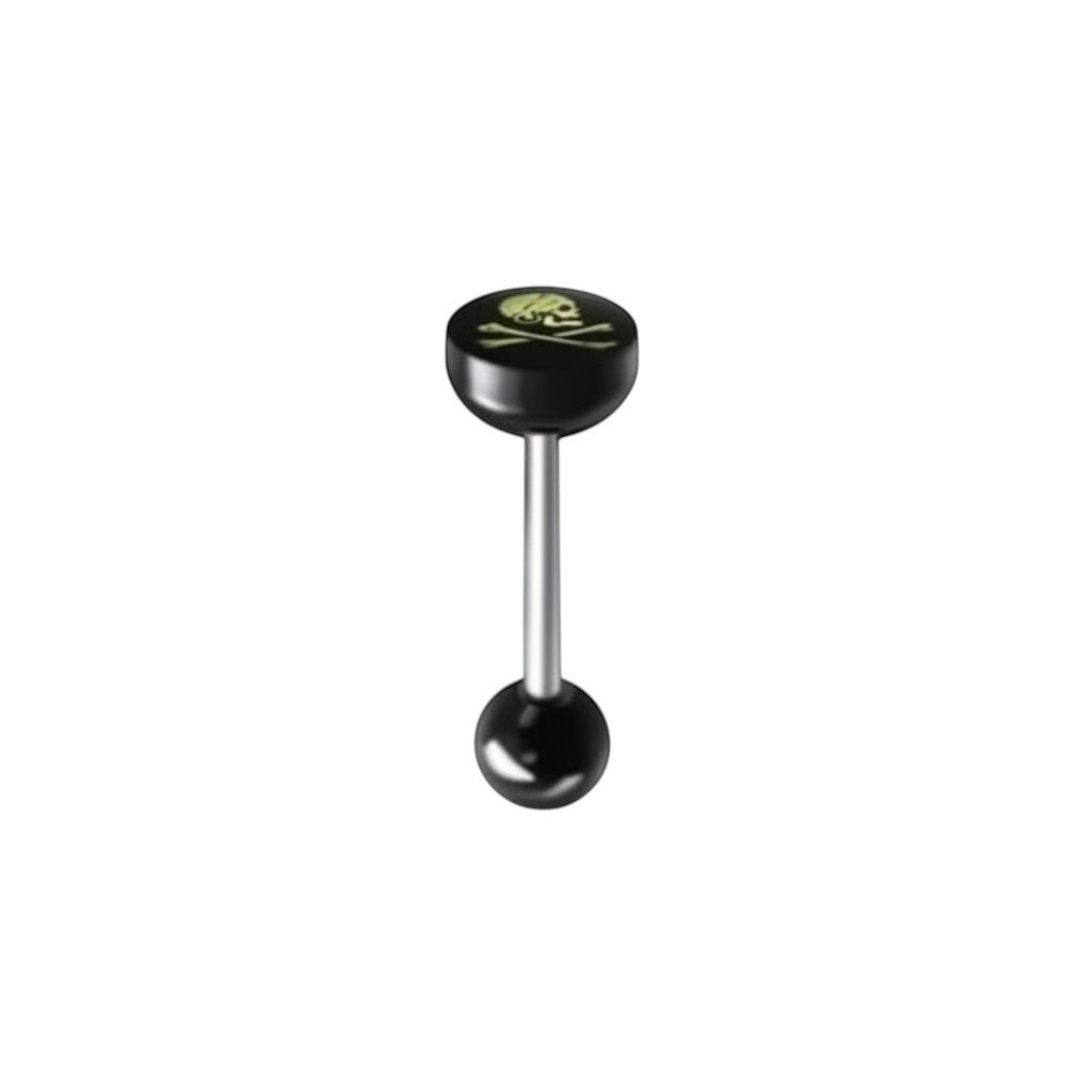 Aramat Jewels surgical steel tongue piercing with black acrylic logo featuring a skull and crossbones design.