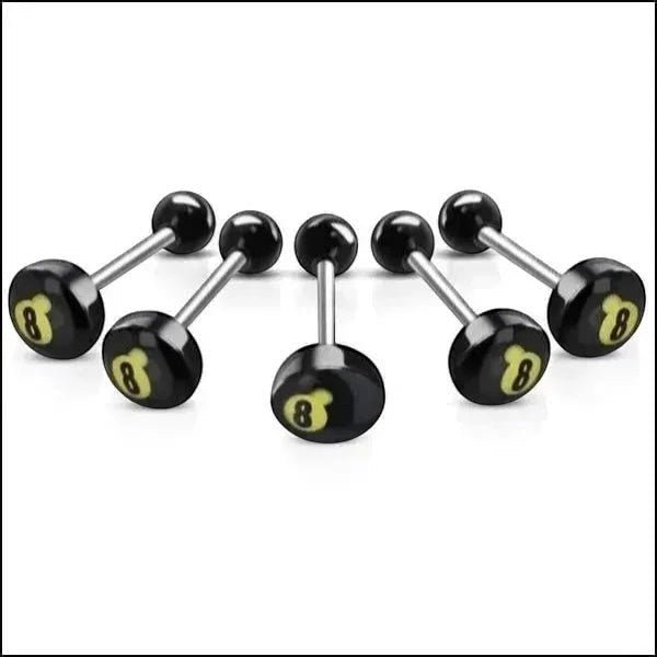 Aramat Jewels black acrylic tongue piercing with a yellow number 8 logo on a white background.