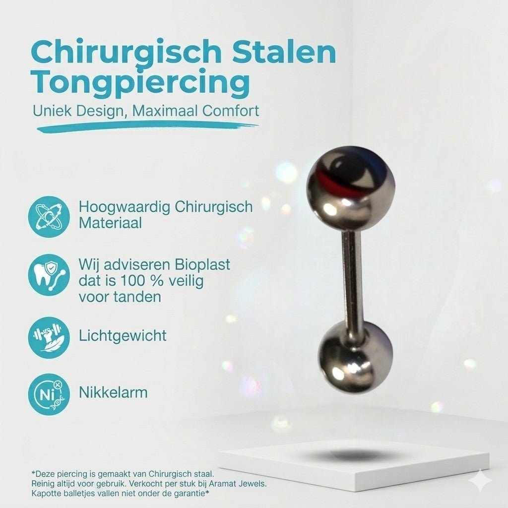 Aramat Jewels steel tongue piercing with a red, black, and blue eye logo on one ball. Silver barbell.