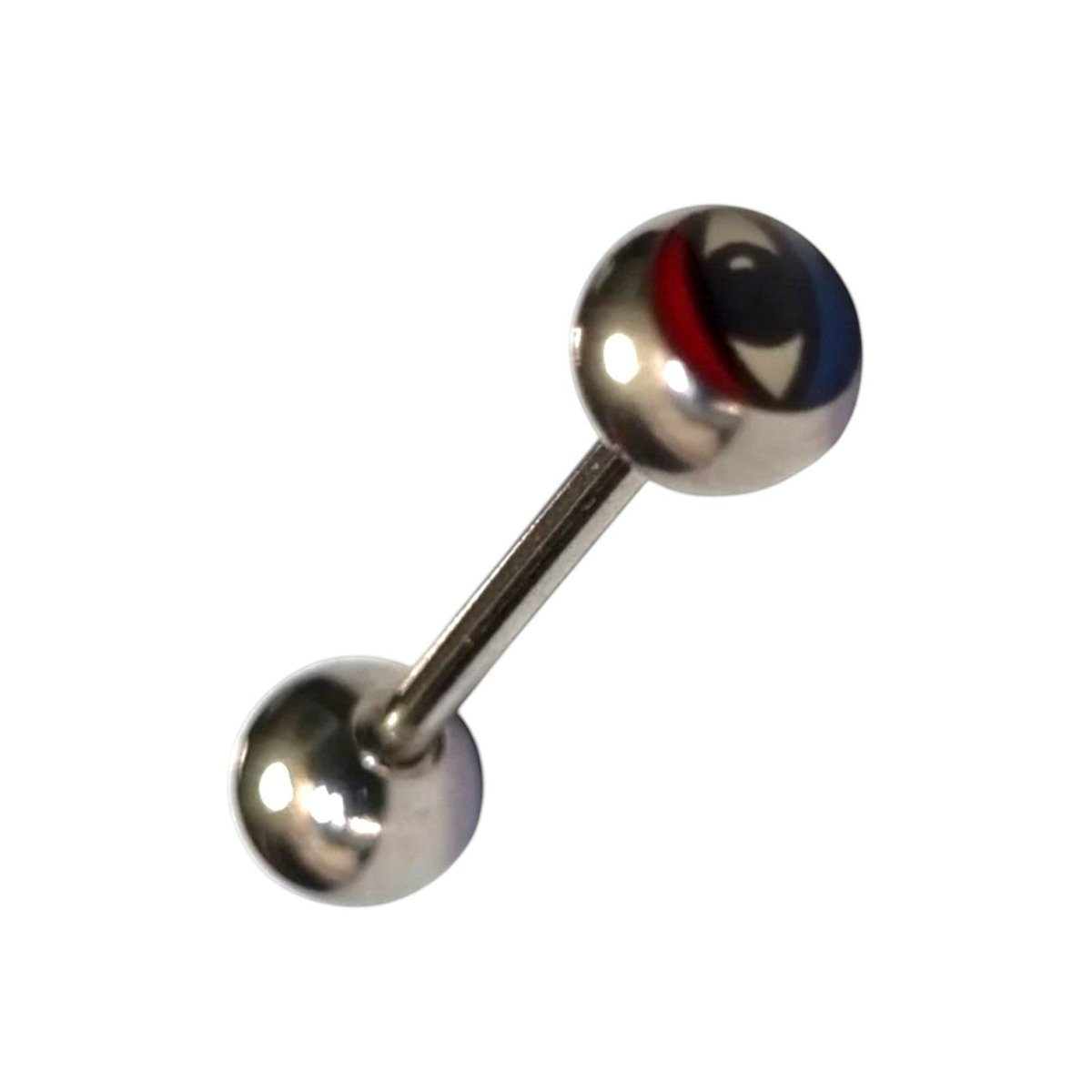 Aramat Jewels steel tongue piercing with a black, red, and blue eye logo on one ball. Silver bar with two balls.