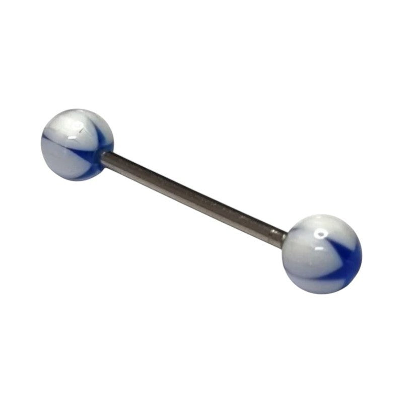 Een paar blauwe en witte glazen bollen