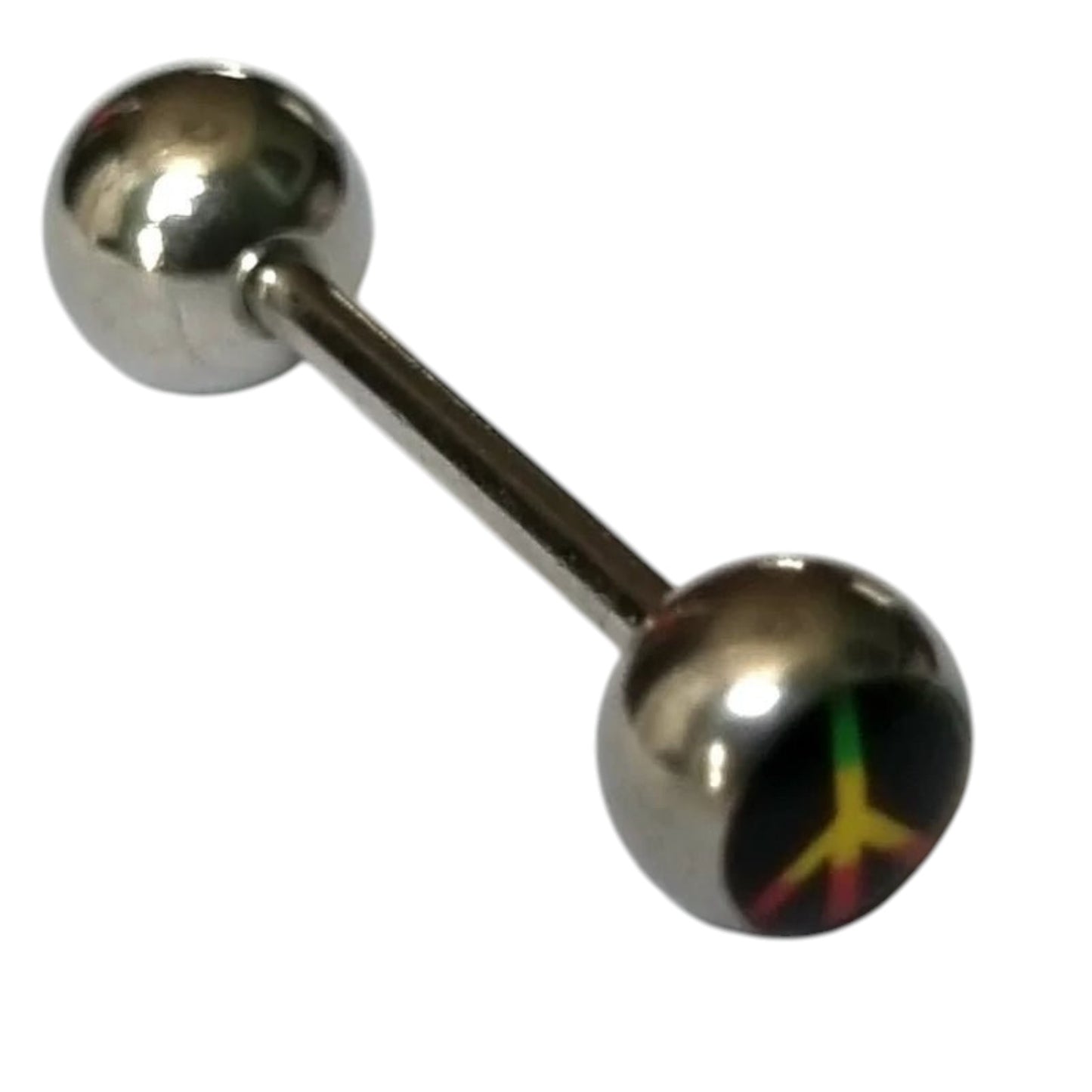 Een close-up van een paar piercings met een vredesteken erop