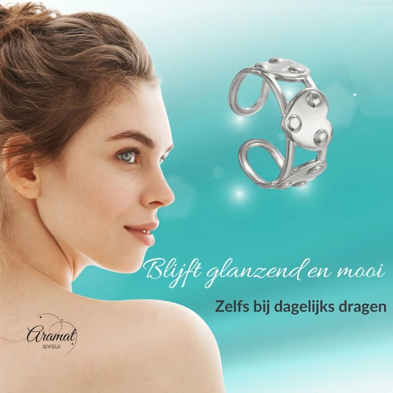 Stalen Verstelbare Open Ring - 3 Hartjes & Dots - One Size - ring279 - 76747 - Ringen kopen