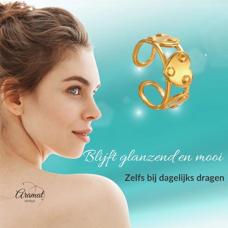 Stalen Verstelbare Open Ring - 3 Hartjes & Dots - One Size - ring279 - 76747 - Ringen kopen