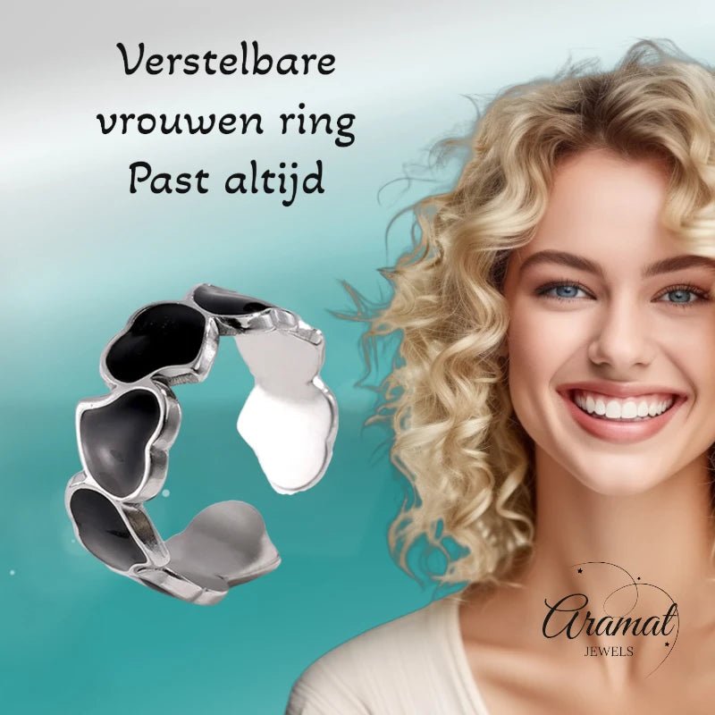 Stalen Verstelbare Open Ring - Hartjes & Zwart Emaille - One Size - ring286 - 73912 - Ringen kopen