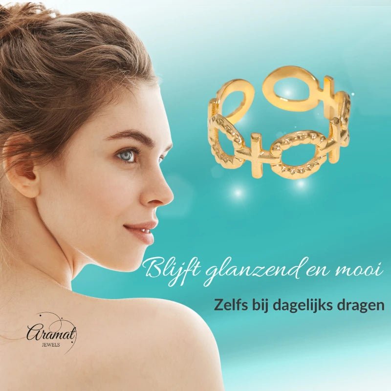 Stalen Verstelbare Open Ring - Schakel Motief & Dots - One Size - ring274 - 161594 - Ringen kopen