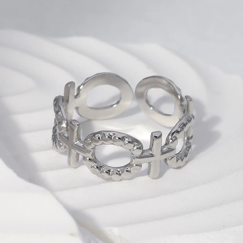 Stalen Verstelbare Open Ring - Schakel Motief & Dots - One Size - ring274 - 161594 - Ringen kopen